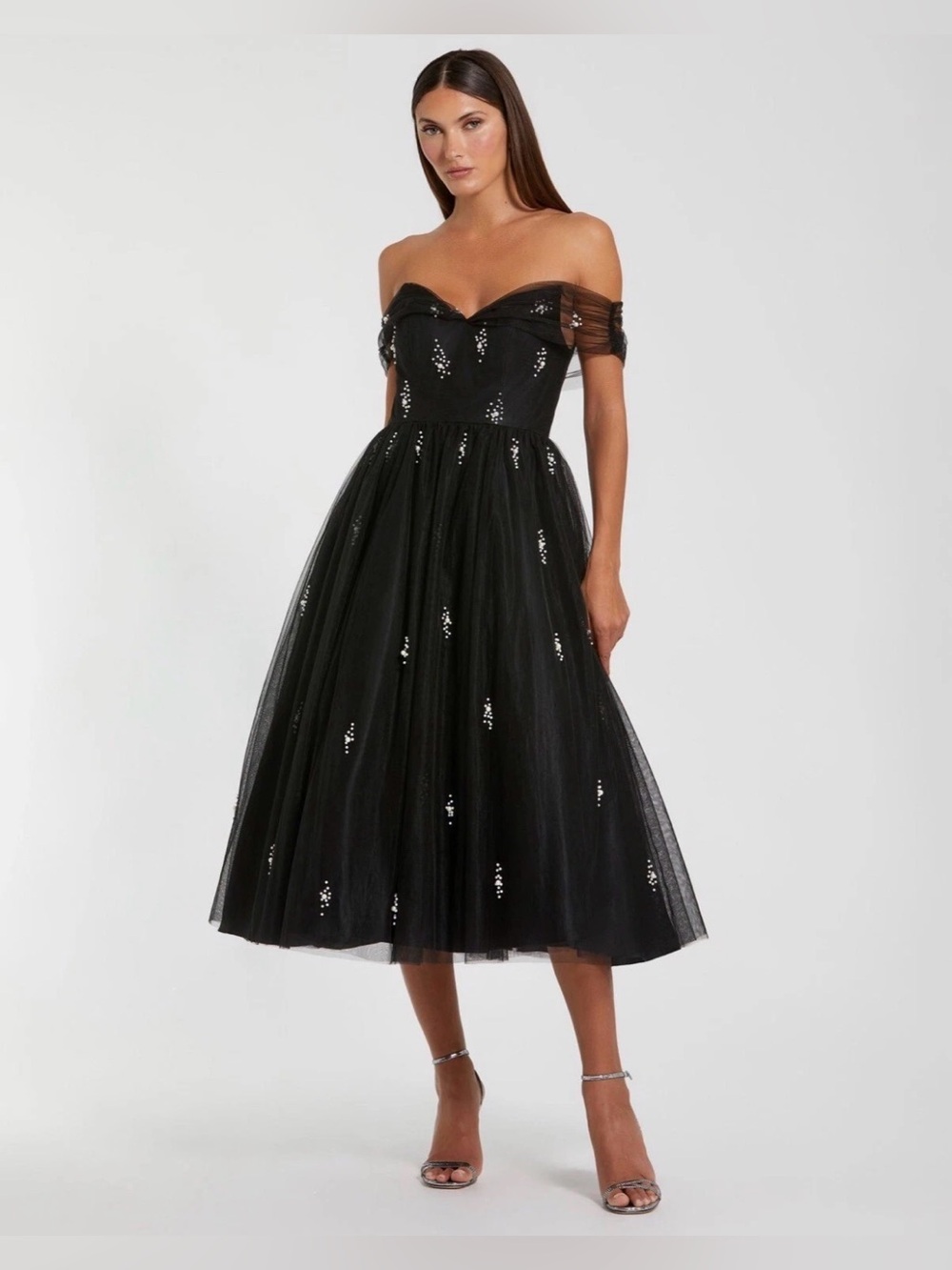 Mac Duggal Black Tulle Off Shoulder Pearl Embellished Dress 26498 Sz 6P NWT $398